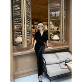 XULU原创新款 丝绒赫本风包臀长裙御姐气质V领短袖 显瘦收腰连衣裙