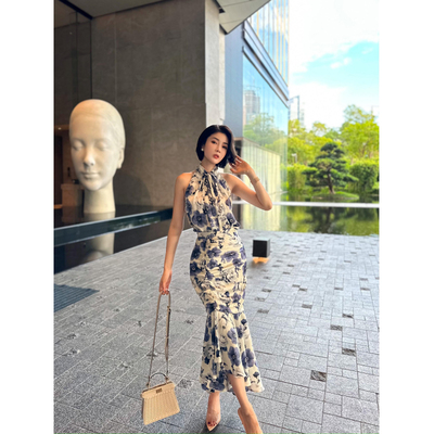 XULU原创夏季醋酸缎气质挂脖宽松上衣高腰褶皱鱼尾半身裙两件套