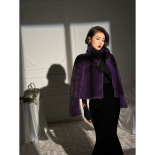 XULU原创轻奢环保毛紫色复古气质知性大方优雅百搭保暖短外套