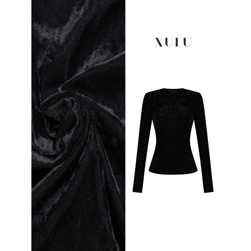 XULU原创秋季黑色百搭冰花丝绒打底衫气质修身显瘦长袖圆领上衣