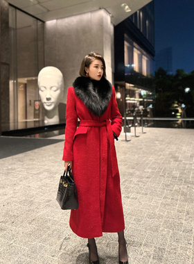 XULU原创羊毛呢红色赫本风大衣气质复古收腰系带枪驳领中长款外套