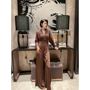 阔腿连体裤 XULU原创秋冬暖棕醋酸法式 收腰高级感轻奢气质V领长袖