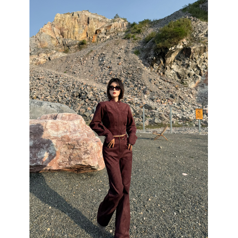 XULU原创秋季新款欧洲进口牛皮绒立领短款小外套高腰微喇阔腿长裤