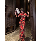 XULU原创轻奢针织印花气质连衣裙修身 显瘦优雅斜襟开叉复古长旗袍