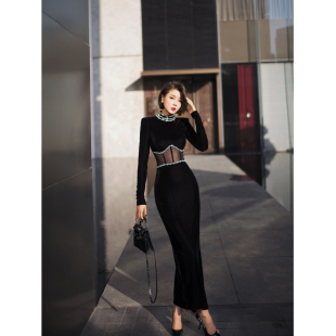 XULU原创丝绒重工订钻时尚 半高领连衣裙 气质性感网纱透视显瘦长袖