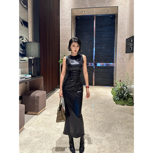 连衣裙 百搭无袖 XULU原创新款 高弹性感蟒纹亮面包臀裙气质修身