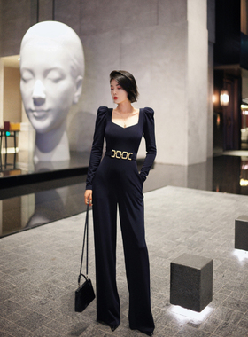 XULU原创新款普蓝色醋酸气质优雅女人味修身时尚桃心领长袖连体裤