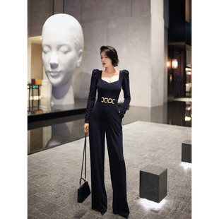 连体裤 XULU原创新款 桃心领长袖 时尚 普蓝色醋酸气质优雅女人味修身