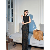 XULU原创夏季 开叉连衣裙 黑色高弹肌理烫金改良旗袍复古气质包肩袖