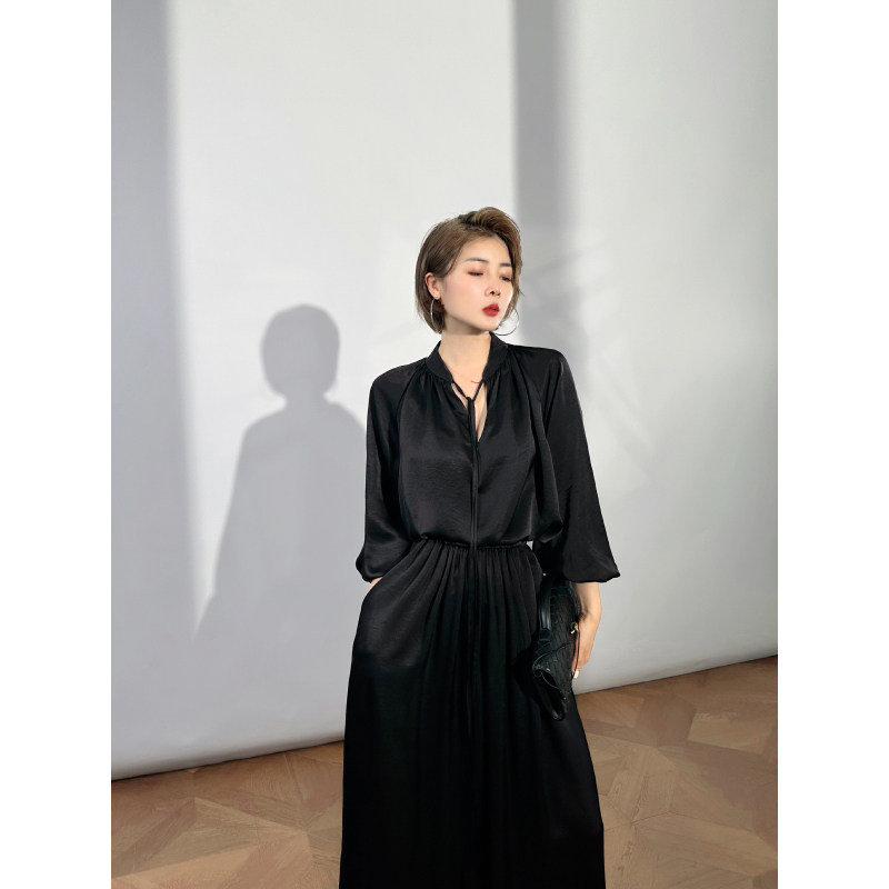 XULU原创进口醋酸黑色缎面上衣绑带小立领气质超阔腿长裤两件套装