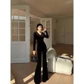 XULU原创黑色丝绒高定绣花V领长袖 高腰百搭气质御姐范微喇连体裤