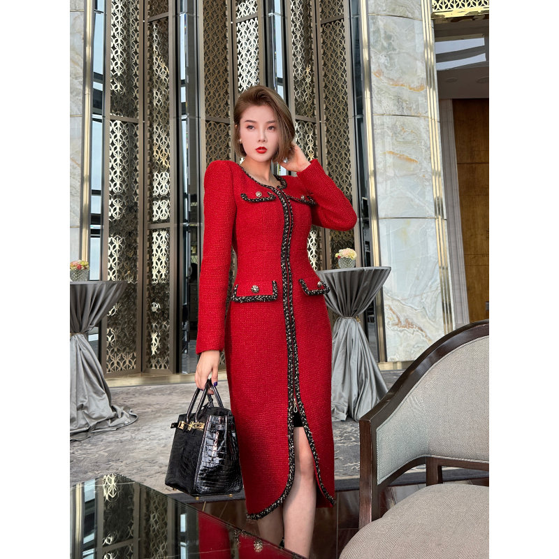 复古纯色修身长袖小香风连衣裙