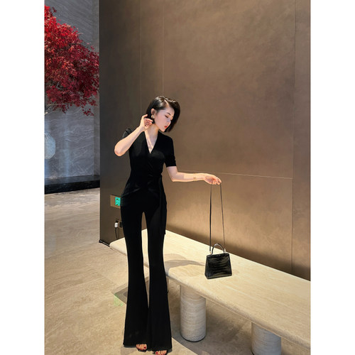 XULU原创夏季醋酸性感V领设计感系带上衣时尚修身长裤两件套装