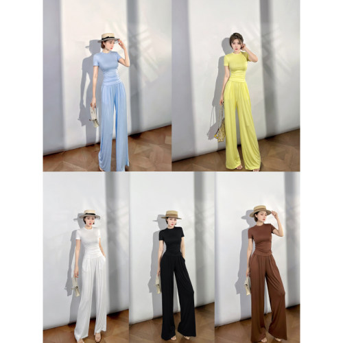 XULU原创夏季休闲轻薄透气爽肤棉圆领短上衣纯色高腰长裤两件套装