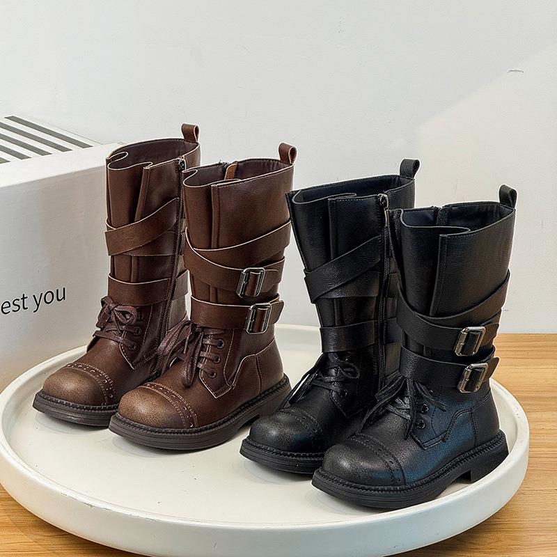 【香港秀才】2026秋冬新款女童高筒靴英伦风儿童皮靴女孩长筒单靴