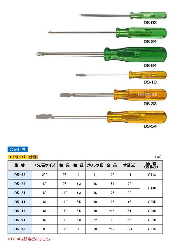 일본 엔지니어 엔지니어 십자 드라이버 DS-03 23 24 44 46 64 85 드라이버 핸드 배치