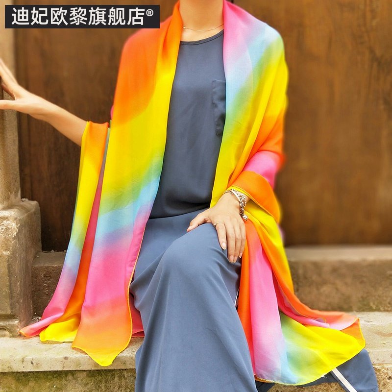 彩虹拍照围巾女旅游丝巾防晒披肩海边沙滩巾多功能纱巾新款春夏季