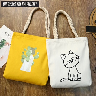 韩版休闲帆布单肩包手提包个性简约百搭猫咪大容量兜子旅行学生