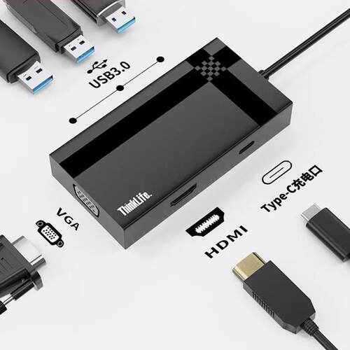 联想Think typec扩展坞usbc转接6合1多功能HDMIvga/PD充电LC06