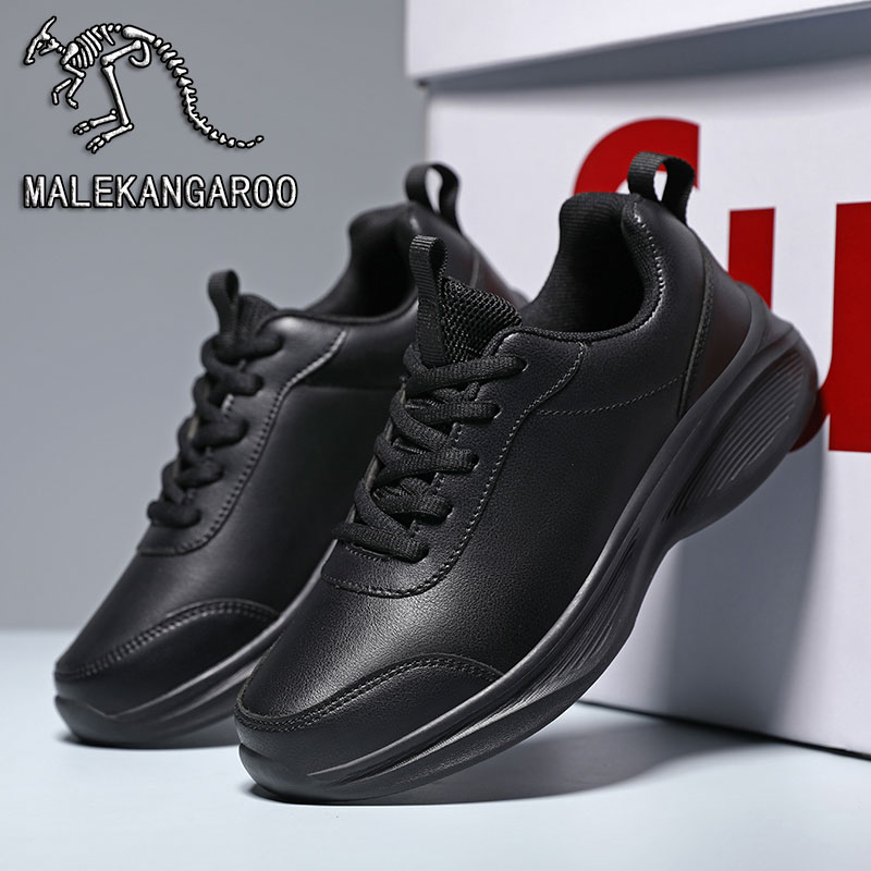 袋鼠男鞋秋冬黑色皮面防水工作鞋