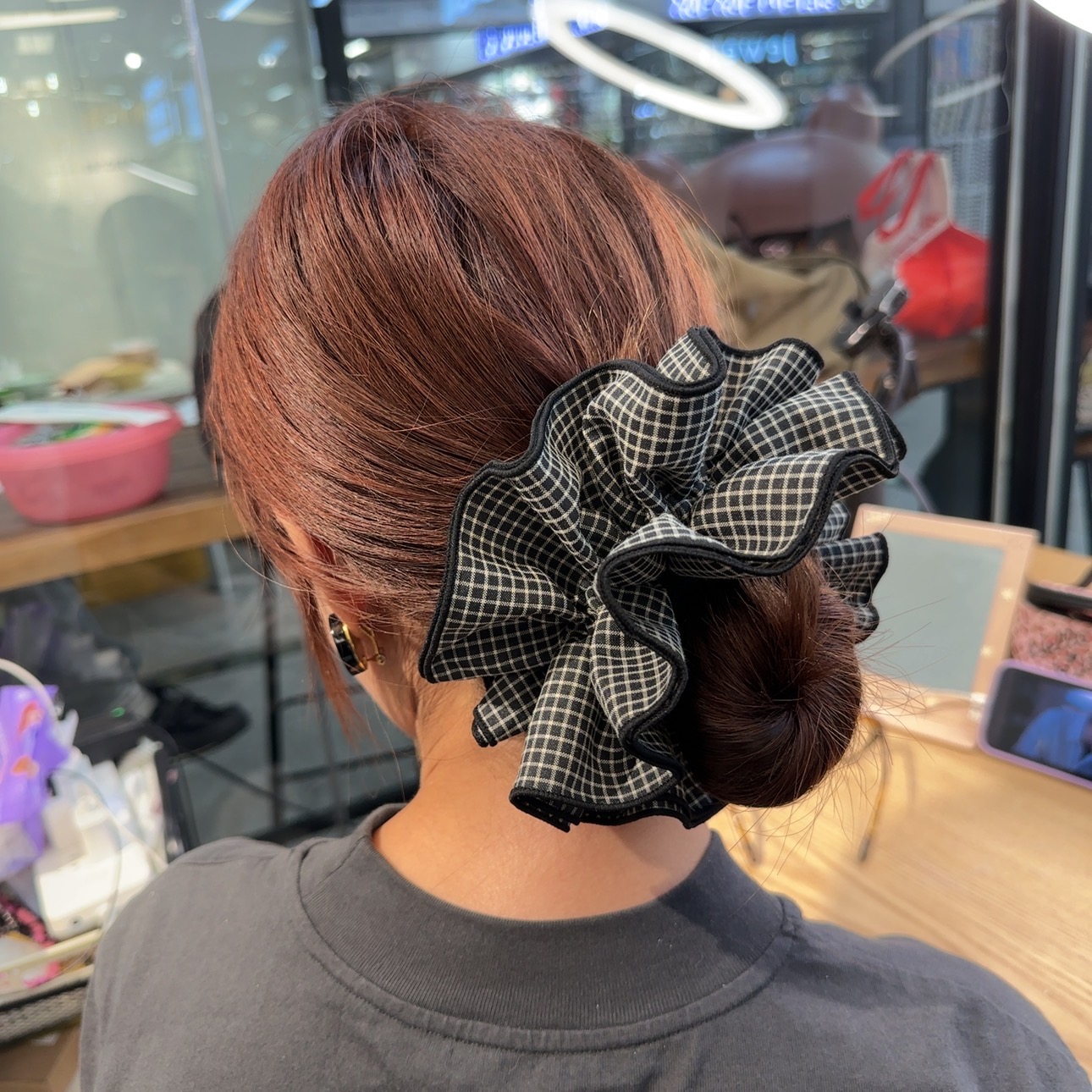 赵露思同款黑边格纹大肠发圈女高级感蛮腰头绳学院风扎头发发绳