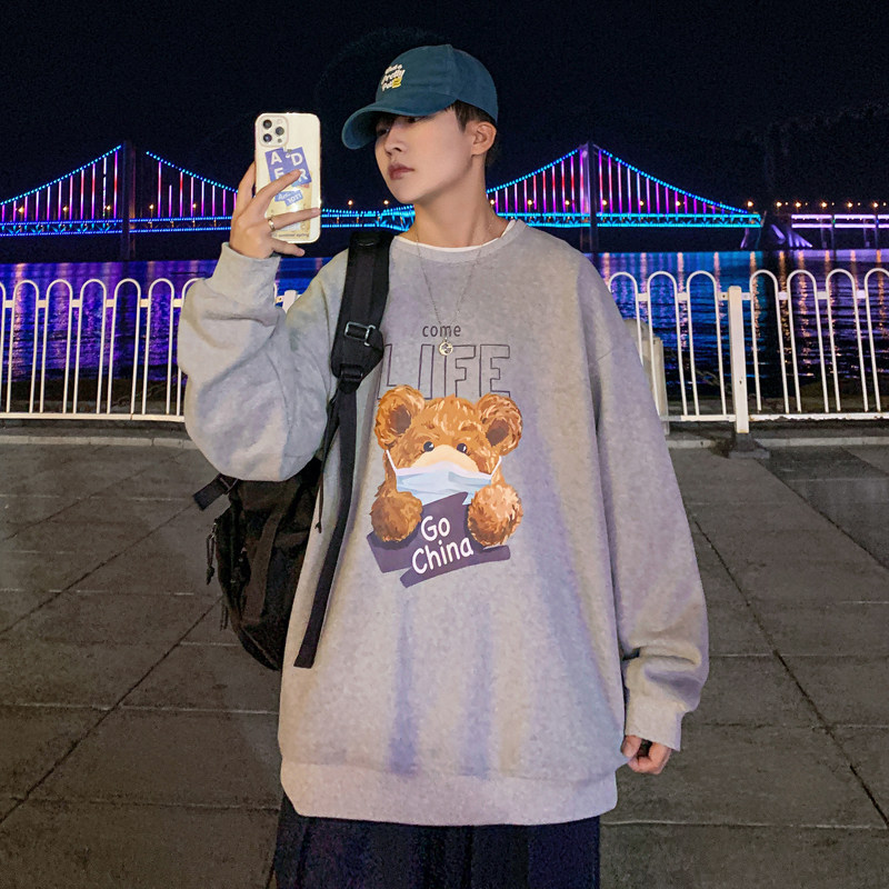 Y103 P32 港风外景 小熊印花情侣圆领套头卫衣青年休闲卫衣图片