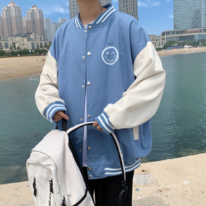 J905 P53 港风外景 宽松休闲春装笑脸港风印花拼色情侣夹克青年图片