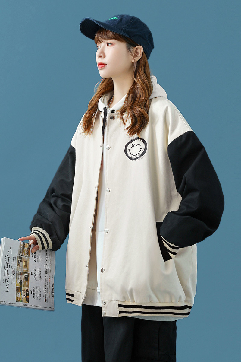 J905P53中性风棒球领棒球服港风情侣笑脸印花拼色夹克潮流春装,男装夹克,电商A050