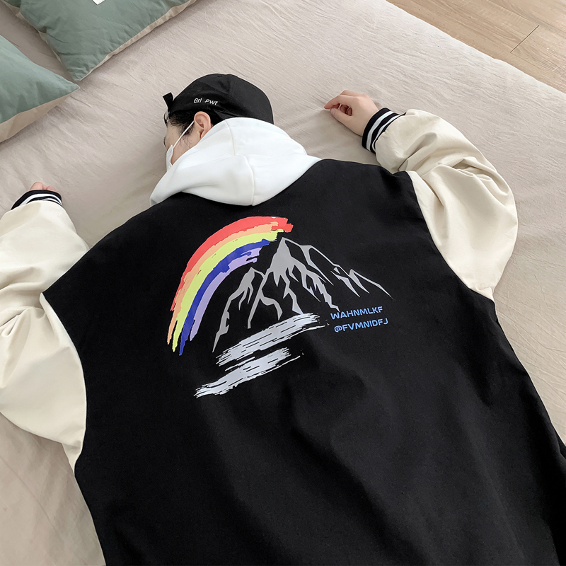 J909P55室内港风情侣港风夹克棒球领彩虹印花棒球服学生雪山潮，男装夹克，电商A050