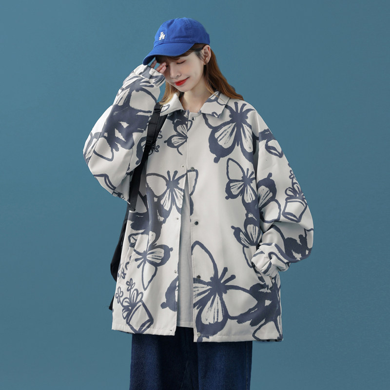 J903P48中性风情侣装百搭夹克蝴蝶印花休闲宽松时尚港风大码，男装夹克，电商A050