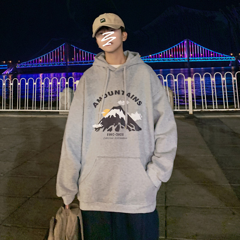 Y108P32港风外景连帽套头宽松卫衣雪山印花情侣卫衣,男装卫衣,电商A050