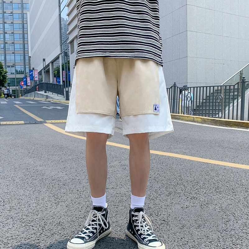 K205P40外景夏装假两件宽松休闲蝴蝶印花撞色五分裤沙滩裤短裤,男装休闲裤,电商A050