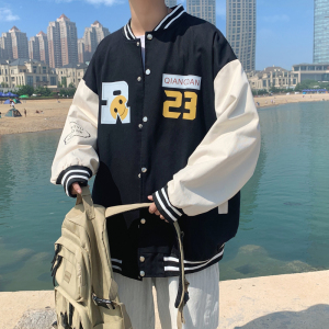 J902 P59 港风外景 潮流休闲青年情侣棒球领字母数字印花夹克春装图片