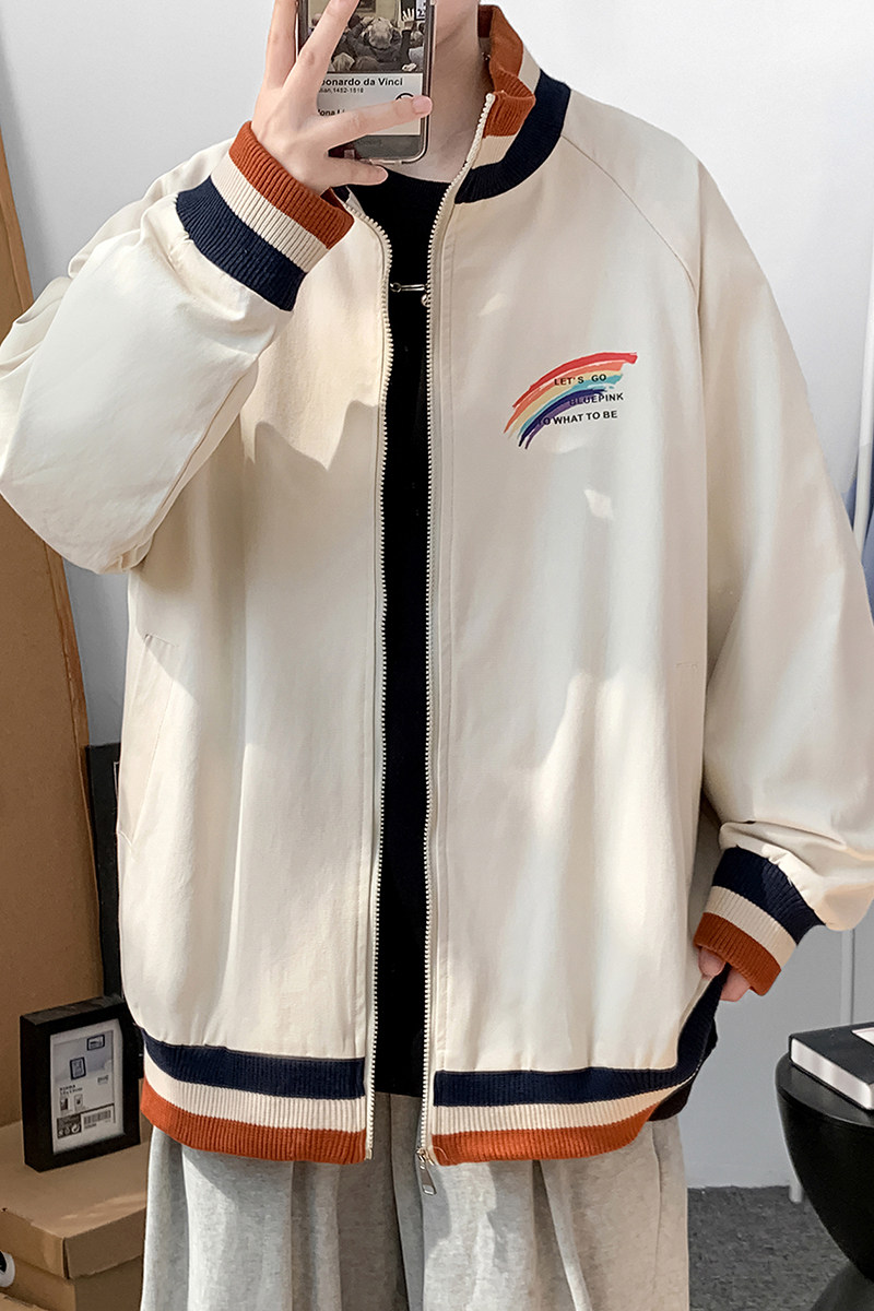 J908P45室内港风立领撞色开衫夹克休闲宽松彩虹印花港风情侣春,男装卫衣,电商A050