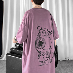 T101 P25 短句风 港风情侣纯棉T恤卡通狸猫印花体恤百搭学生宽松图片