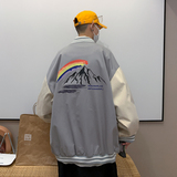 J909P55港风外景百搭雪山彩虹印花港风学生情侣拼色棒球领夹克，男装夹克，电商A050