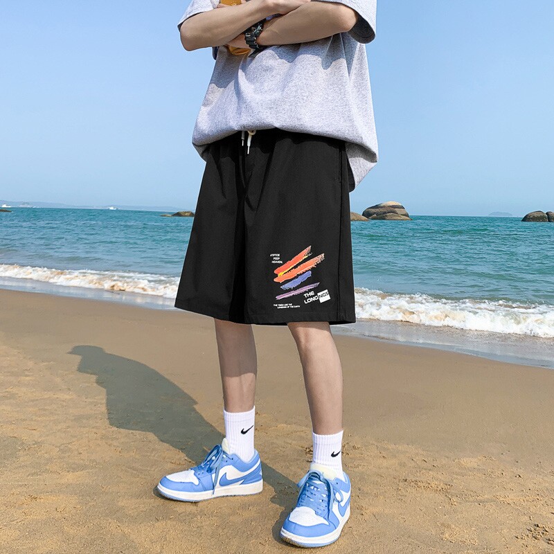 K206P25外景卡通彩虹字母印花夏装宽松加大码休闲港风五分裤,男装休闲裤,电商A050