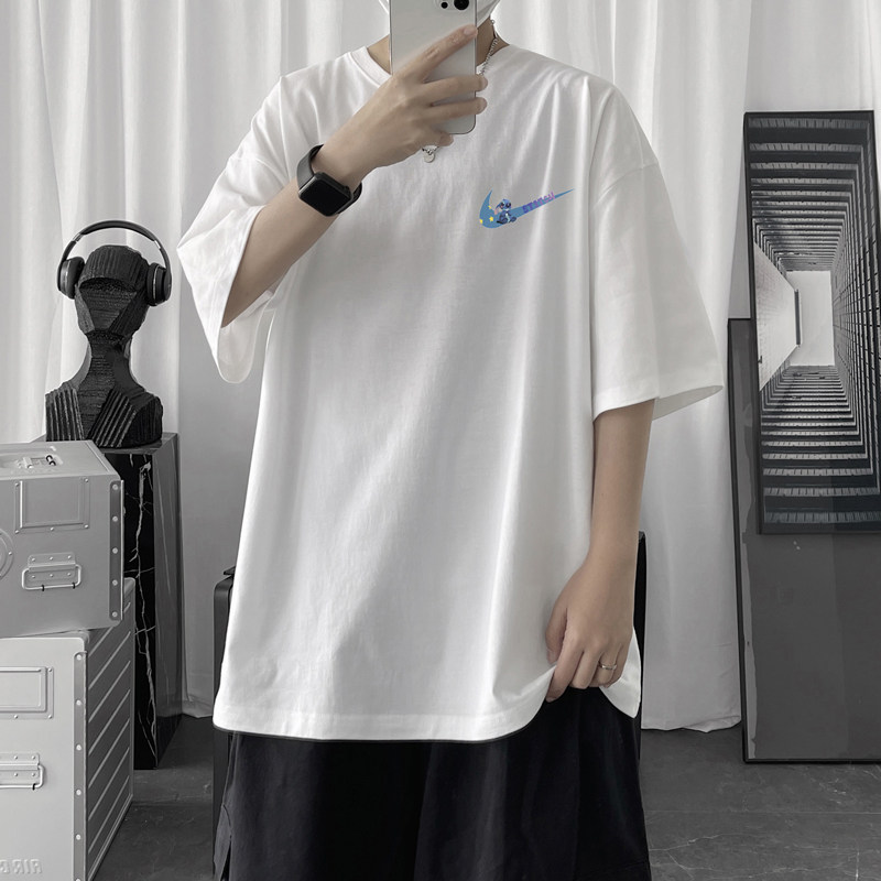 T006P18短句风潮流短袖夏装港风学生情侣T恤卡通对钩印花,男装T恤,电商A050