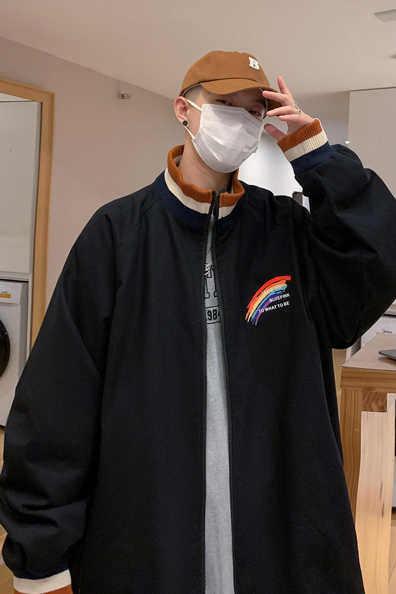 J908P45港风外景撞色立领彩虹印花港风情侣夹克学生休闲宽松春,男装卫衣,电商A050