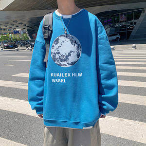 Y003 P45 港风外景 月球套头印花卫衣假两件宽松休闲卫衣图片