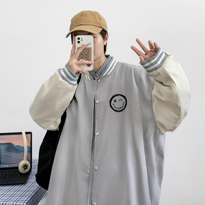 J905 P53 室内港风  百搭学生情侣笑脸印花拼色棒球领夹克棒球服图片