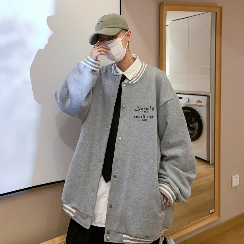 Y8885P55港风外景棒球领棒球服情侣港风休闲开衫卫衣字母印花,男装卫衣,电商A050
