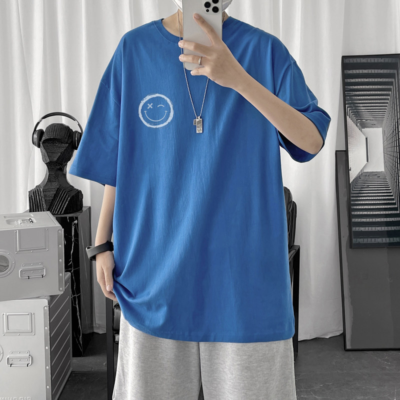 T007P18短句风宽松休闲笑脸印花港风糖果色学生情侣T恤夏装,男装T恤,电商A050