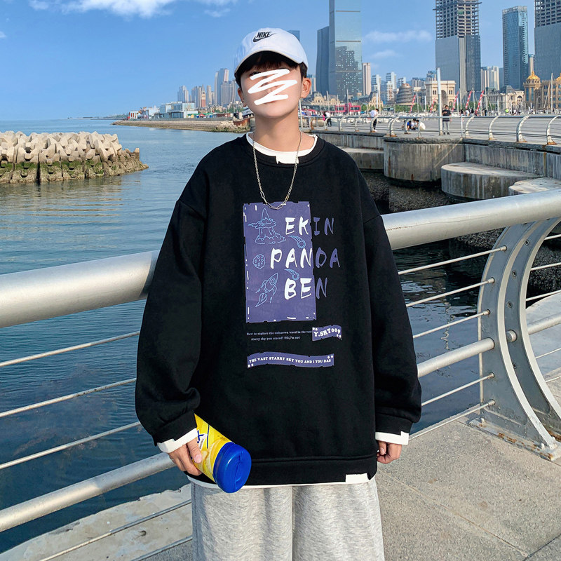 Y002P45港风外景假两件圆领套头卫衣情侣潮流字母印花卫衣,男装卫衣,电商A050