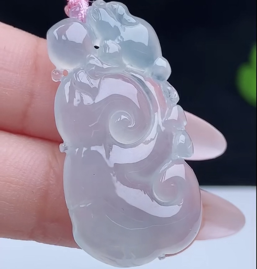 纯天然缅甸翡翠 冰种起光白冰招财玉如意吊坠