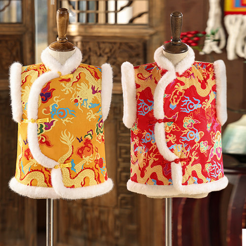 新款宝宝马甲女童中国风唐装拜年服加绒背心印花加厚幼儿园表演服