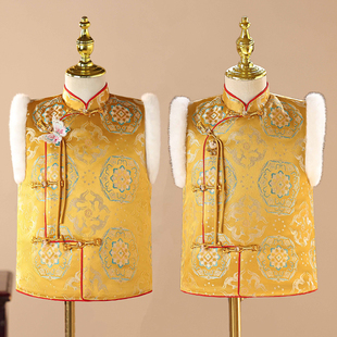 新中式宝花奔鹿百搭立领盘扣加绒加厚马甲男复古刺绣花纹无袖背心