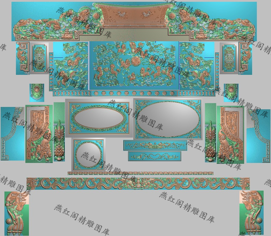 高清精雕图狮子戏球灰度图蝙蝠浮雕图电脑雕新款祥云如意狮子沙发