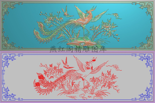高清精雕图花鸟靠背灰度图浮雕图精品祥云凤凰牡丹背板横1079x359