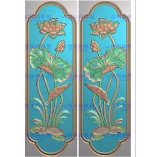 新款莲花荷花精雕图竖板灰度浮雕图精品莲香清荷门板背板边花对称